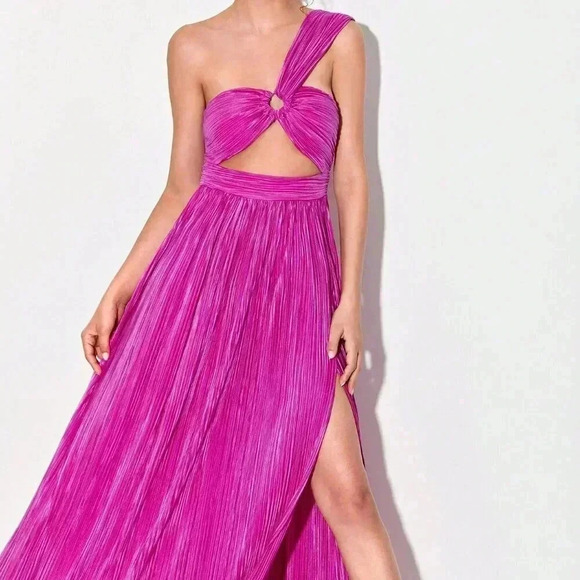 Red Violet Sexy Women's One Shoulder Ring Ruched Front Cut Out Split Thigh Dress - Picture 5 of 6